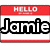 Red and white name tag design with 'HELLO' at top, displaying different text in black pixelated font across three