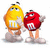 Two pixelated M&M characters stand side-by-side, one yellow with a white 'M' on its chest and the other red with a white 'M', both wearing brown shoes.