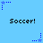 Light blue background with repeated 'Soccer!' text and animated star-shaped cursor elements.