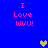 Blue background with pink text reading "I Love wvu!" in four corners and three pixelated hearts in the center.