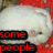 A four- shows a white fluffy animal with pink nose and eyes against red background, with text overlays changing