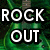 Green electric guitar with black fretboard and silver knobs, overlaid text 'ROCK OUT' in white block letters on top left and 'LOUD' in red block letters on bottom left.