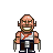 Pixelated character with bald head, thick eyebrows, and wide grin holding two swords, wearing sleeveless shirt with red stripe and dark pants.