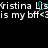 Pixelated text displays 'Cristina L is my bff <3' with cyan highlight on 'L' and repeated text on black background.
