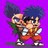 Pixelated character with spiky dark blue hair, light skin, and large eyes stands against solid purple background wearing green shoulder piece, brown chest armor, red shorts, white shoes.
