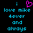 Pixelated text and a heart symbol on black background, with cyan letters and pink heart.
