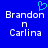 Blue background with white pixelated text 'Brandon n Carlin' and a cyan heart symbol above the left name.