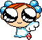 Pixel art character with orange hair, blue curlers, large black-and-white eyes, light blue dress, white gloves, red shoes; two side-by-side poses on gray background.