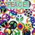 A dense collage of colorful peace symbols and pixelated faces with three text overlays reading "PEACE!", "Peace!!", and "Peace!!!" in different colors.