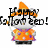 Pixelated character with orange hair and white face wearing colorful patterned shirt, holding text 'Happy Halloween!' above head.