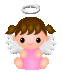 Pixelated angel icon with brown pigtails, white wings, and a halo; left version has closed mouth smile, right version shows open mouth.