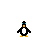 Pixelated penguin icon with black body, white belly, orange feet, and blue head accents, shown in multiple poses including standing, arms raised, and with blue energy effects.
