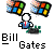 Pixelated icon shows a figure in blue suit with red tie, two speech bubbles above head containing colorful squares, and text 'Bill Gates' below.