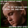 Two side-by-side show a person with light hair and grey eyes, each displaying different text overlays about being the bad man or sad man