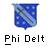 Blue shield-shaped icon with diagonal sword and light blue dots on gray background, below which is pixelated text reading "Phi Delt".