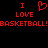 Red pixelated text and symbols on black background: 'I' above a heart symbol, two 'LOVE' words below it, and 'BASKETBALL! BASKETBALL!' in large letters at the bottom.