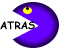 Purple Pac-Man-like character with yellow eyes and black pupils, mouth open in a wide arc, positioned next to the text "ATRAS" on white background.