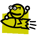A 4-frame animated contact sheet showing a yellow stick figure with glasses riding a rocket, each frame displaying slight variations in pose and motion effects.