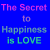 Blue background with repeated text "The Secret to Happiness is LOVE" in pink, light blue, and green pixelated fonts across multiple