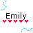 Pixelated icon with 'Emily' text, five red hearts below, and blue pixel clusters in top-left and bottom-right corners.