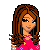 Pixel art of a woman with brown hair in a pink dress with colorful patterns, shown in multiple cropped views with text below each.