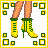 A 4-frame animated contact sheet showing a cartoon character's legs, boots, torso, and face with green accents on yellow clothing against a white background with green square borders.