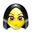 Yellow face with black shoulder-length hair, red eyes, and a neutral mouth in six variations showing closed-eye animation states.