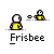 Pixelated character in yellow shirt and white head holds a white frisbee, with a smaller yellow-and-white figure nearby; text "Frisbee" appears below.