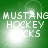 Green background with white text reading 'MUSTANG HOCKEY ROCKS' and a bright light effect shifting position across four