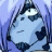 Pixelated anime-style character with light blue hair and closed eyes on left, black background with white text on right.