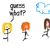 A 3x2 contact sheet of six animated frames showing stick figures with colored hair and speech bubbles containing text like "guess what?" and "your mom!" along with repeated "ooo... burn!" phrases, some frames featuring heart symbols.