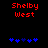 Red text 'Shelby West' above blue star-like shapes on black background, with two distinct arrangements of the stars.