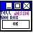 Pixelated interface with blue header containing three white icons: a document, square outline, and X; text reads "TELL JESSIE SHE ROX" in mixed colors above an OK button.