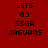 Four identical pixelated text display 'LETS GO SSGA JAGUARS' on red backgrounds with varying shades