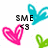 Pixelated icon with 'SME' text, pink heart, blue butterfly, and green shape on white background.