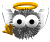 Animated sequence of a cartoon owl with gray feathers, white wings, black eyes, and a golden halo holding a yellow object.