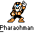 Pixel art character with orange and black armor, blue eye gem, white chest plate, raised right arm holding a glowing object, standing on gray background.
