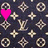 Dark blue background with repeating beige monogram pattern featuring interlocking 'LV' letters and diamond shapes, two pink heart icons in different positions.