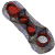 A pixelated, diagonally oriented object with red circular elements and a gray metallic body.