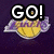 Pixelated icon with 'GO!' text above a yellow and purple basketball, transitioning to 'Lakers!' text below the same ball on black background.