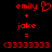 Red pixelated text and symbols on black background, showing two identical side-by-side configurations with 'emily' plus 'joke' equals '(33333333)' in red.