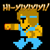 Pixelated character with brown hair and blue eyes wears light blue shirt and pants, performing a martial arts pose with one arm extended forward and the other raised in a fist.