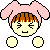 Pixelated character with pink bunny ears and brown hair, shown in two states: neutral face with closed eyes and floating circles below; open mouth with tongue out and hands near cheeks.