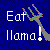 Pixelated blue background with white text reading 'Eat Hama!' and a fork with multicolored food bits.