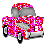 Pixelated red and pink checkered car with gray roof, black wheels, white accents; three views show slight rotation of the vehicle's front section.