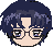 Pixel art head with dark blue hair, glasses, and three distinct facial expressions on a gray background.