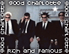 Group of men in black suits with white shirts and ties, standing against a gray background; text "good charlotte" at top left and "rich and famous" at bottom left.