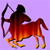 Pixelated icon of a red-orange archer figure on horseback holding a bow, set against a solid light purple background with no visible text or additional elements.