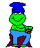 Green pixelated character with blue hat and pants, holding brown object, smiling on gray background.