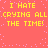 Yellow pixelated text on a pink background with scattered light purple dots, repeating "I HATE CRYING ALL THE TIME!" in two